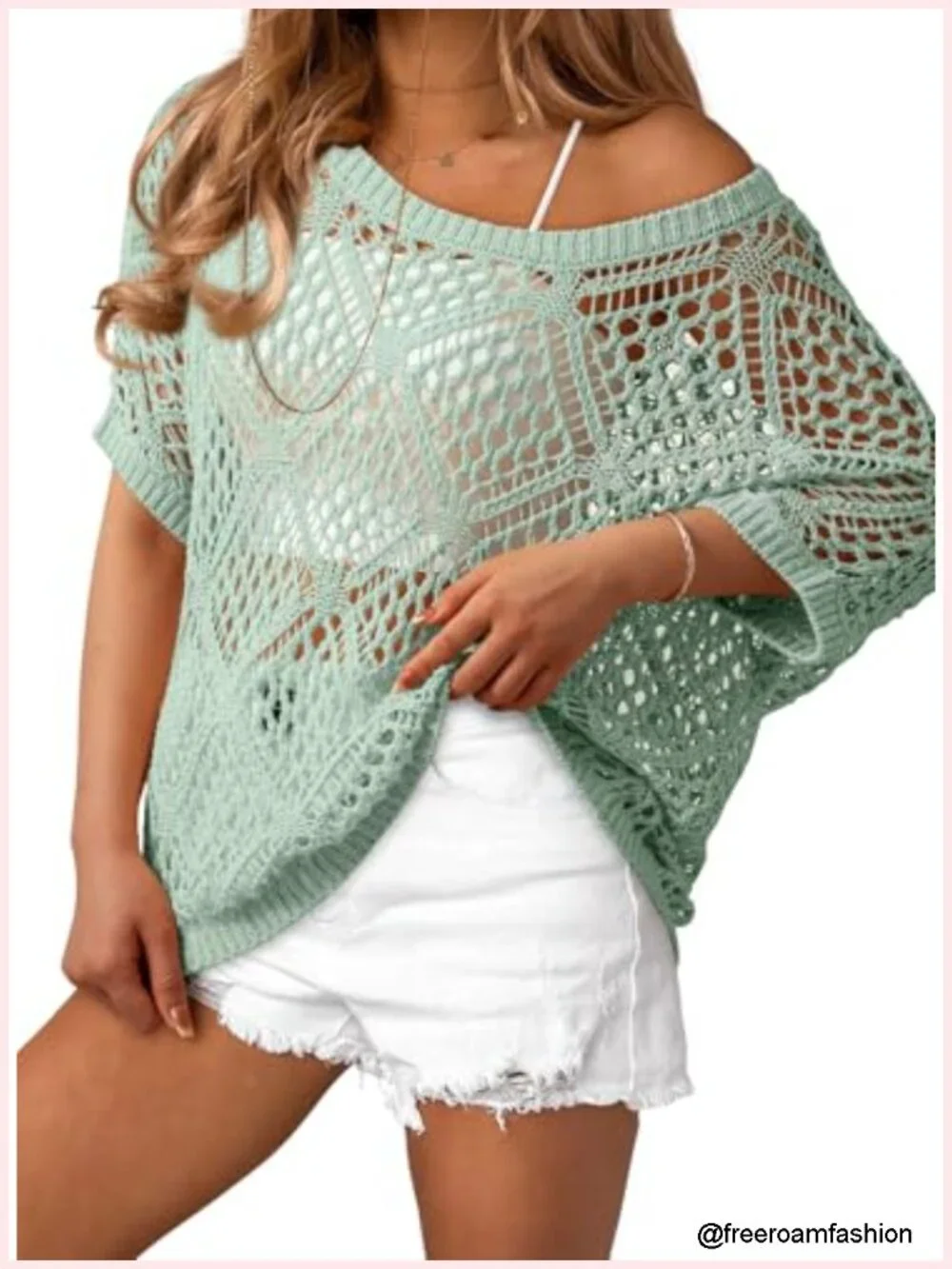 Crochet Cover Up Top Off Shoulder Short Sleeve Sweater Beach Swimsuit Coverup
